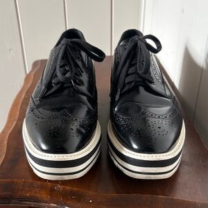 Prada Black Patent Brogue Platform Loafers